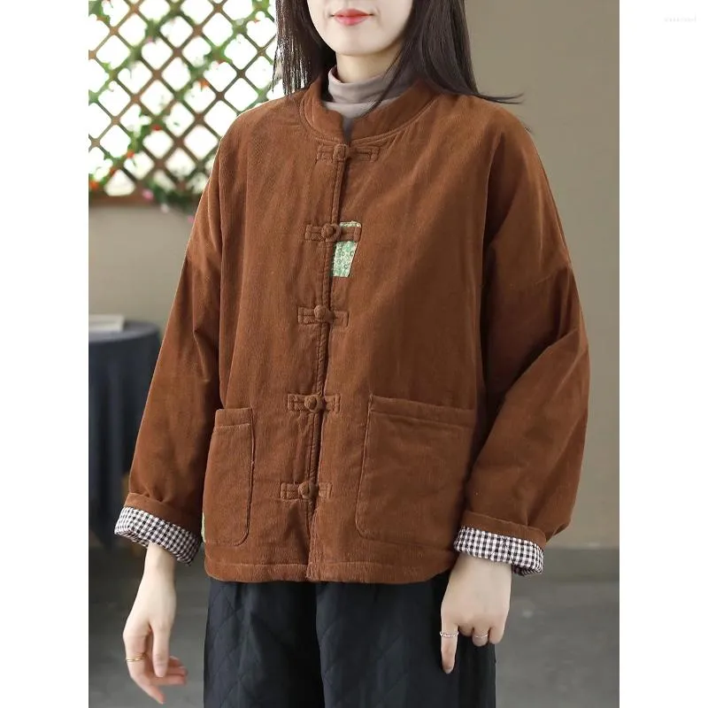 Casacos de Trench das Mulheres Corduroy Lady Parkas Cor Sólida Cardigan 2023 Inverno Outono Retro Moda Algodão Acolchoado Casual Mulheres Casaco Quente Feminino