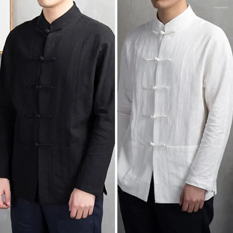 Men's Casual Shirts Tai Chi Shirt Traditional Chinese Style Mandarin Collar With Long Sleeves Pockets Disc Button Tang