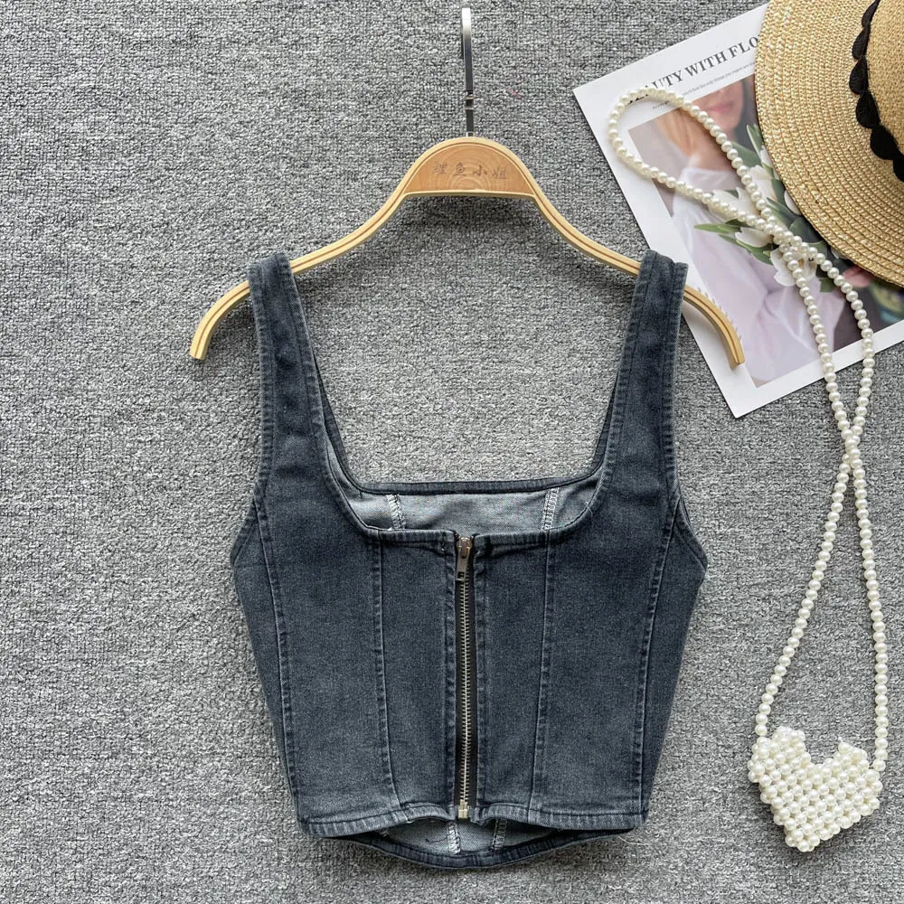 Women's Tanks Cami Summer Imitation Denim Camis Wide Shoulder Strap Zipper Tank Top Square Collar Corset Korean Fashion Solid Color Crop Tops 230422