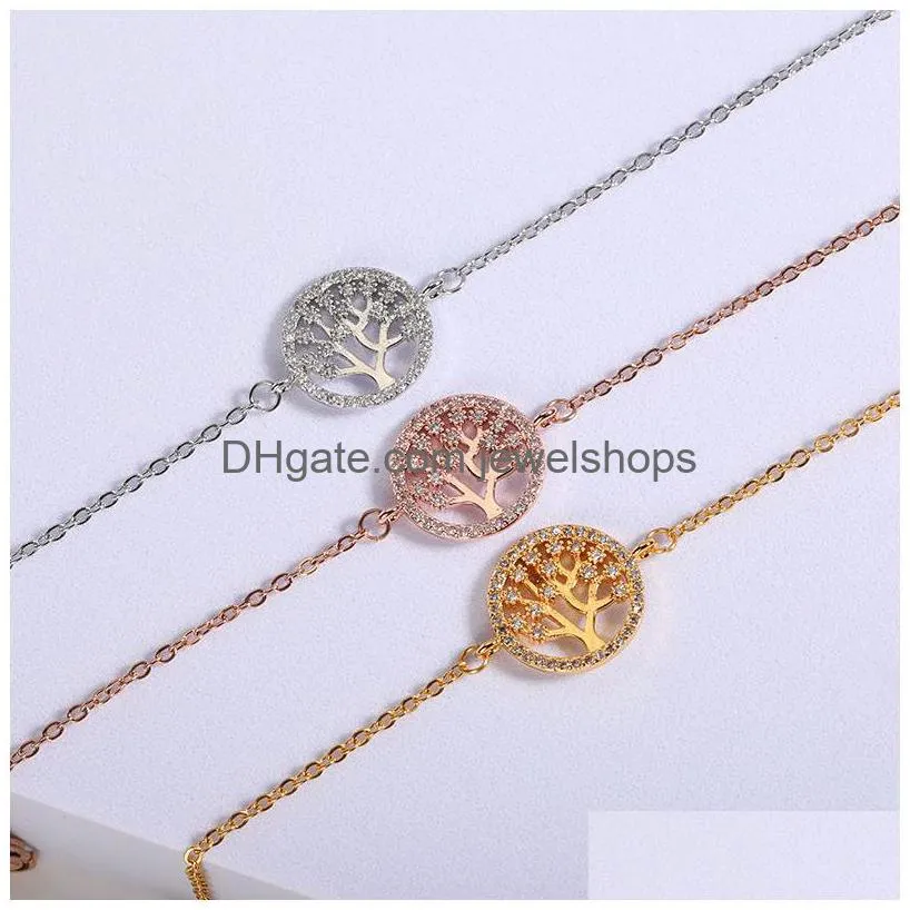 Charm Armbands Tree of Life Design Charm Armband Rose Gold Sier Cubic Zirconia Hand smycken Tillbehör Lucky mode rostfritt Ste Dhaft