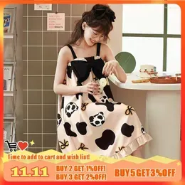 Women's Sleepwear Summer Fashion Night Gown Knitted Cotton Bow Decoration Slip Dress Cartoon Bear Printing For Young Girls