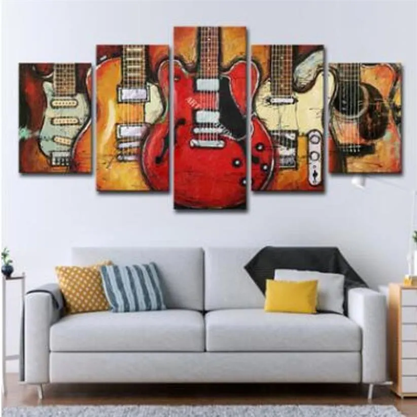Immagini di arte della parete su tela 5 pannelli musica moderna chitarra senza cornice pittura a olio su tela immagine della parete per camera da letto senza cornice Soccer308W