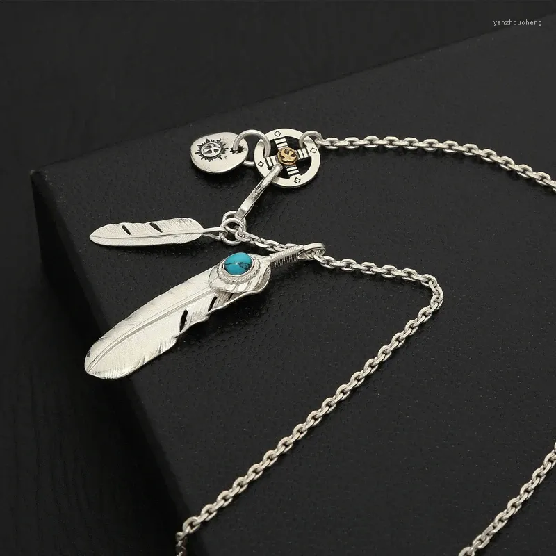 Hängen S925 Sterling Silver Jewelry Thai Takahashi Goro Classic Feather Inlaid Turquoise Sweater Pendant