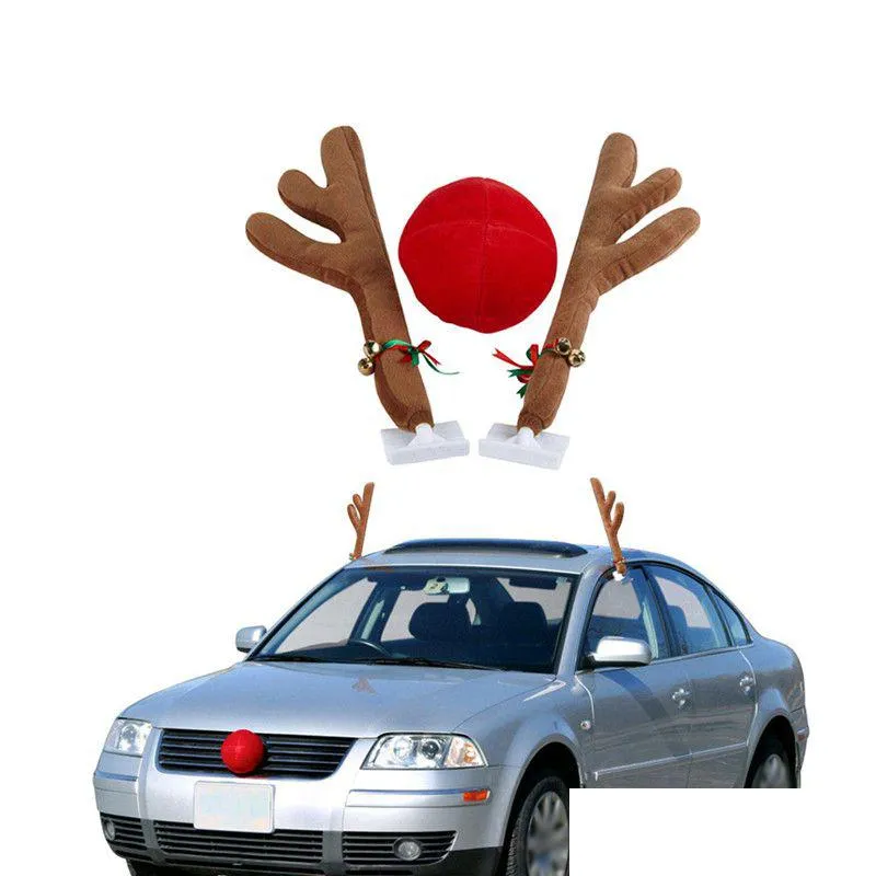 Christmas Reindeer Antlers Car Decoration Kit With Jingle Bell Elk Pendant Drop Delivery Dhlni