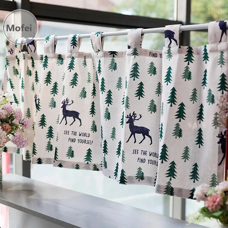 Curtain Sling Christmas Tree Forest Elk Print Short Small Soft Cotton Linen Fabric Kitchen Half-curtain For Cabinet