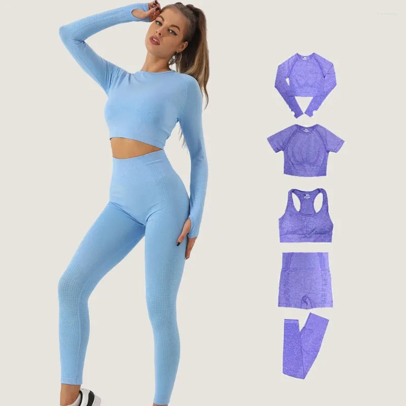 Aktiva uppsättningar 5pc sömlös Dot Design Yoga kostym Hög midja mage Kontroll Gym Leggings Biker Shorts Sexig Crop Top Bh Fitness Sports Set