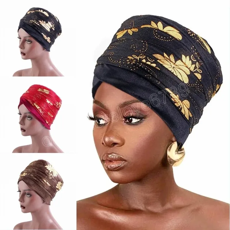 Chapéu turbante africano feminino muçulmano envolto cachecol gorro estampa dourada estilo étnico hijab boné de cuidados