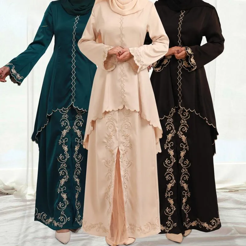 Ethnische Kleidung 2 Stück Abaya Dubai Islam Türkei Malay Stickerei Muslimische Sets Tops Rock Bescheidenes Kleid Kaftans für Frauen Robe Longue (Nr