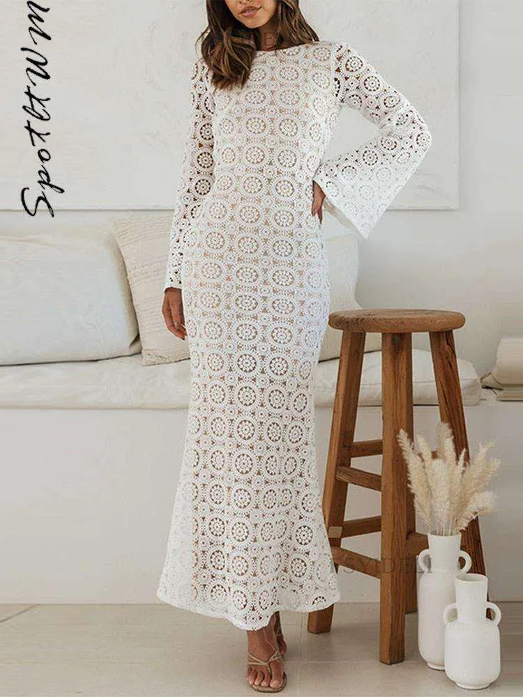 Robe Maxi tricotée à fleurs pour femmes, ajourée, Sexy, dos nu, à lacets, col rond, manches longues, Slim, élégante, Streetwear