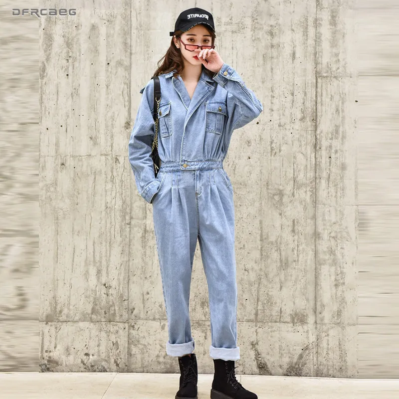 Women's Jumpsuits Rompers Blue Elegant BF Streetwear Women Denim jumpsuit Pants Autumn Long Sleeve High Waist Retro Jeans Overalls Rompers Female 230422