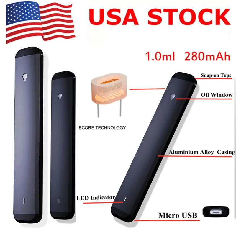 Stylos vape jetables 1 ml USA STOCK Dispositif d'huile épaisse 280 mAh Batterie rechargeable 1 g Pods Stylo Kits de démarrage personnalisés Logo OEM Vide D9 50 pcs / lot