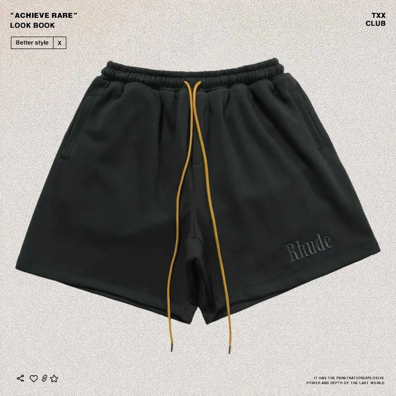 Vêtements de marque Rhude Brodé Couleur unie Casual Sports Pantalon court High Street Short à cordon lâche Couples Joggers Sportswear Plage fitness en plein air