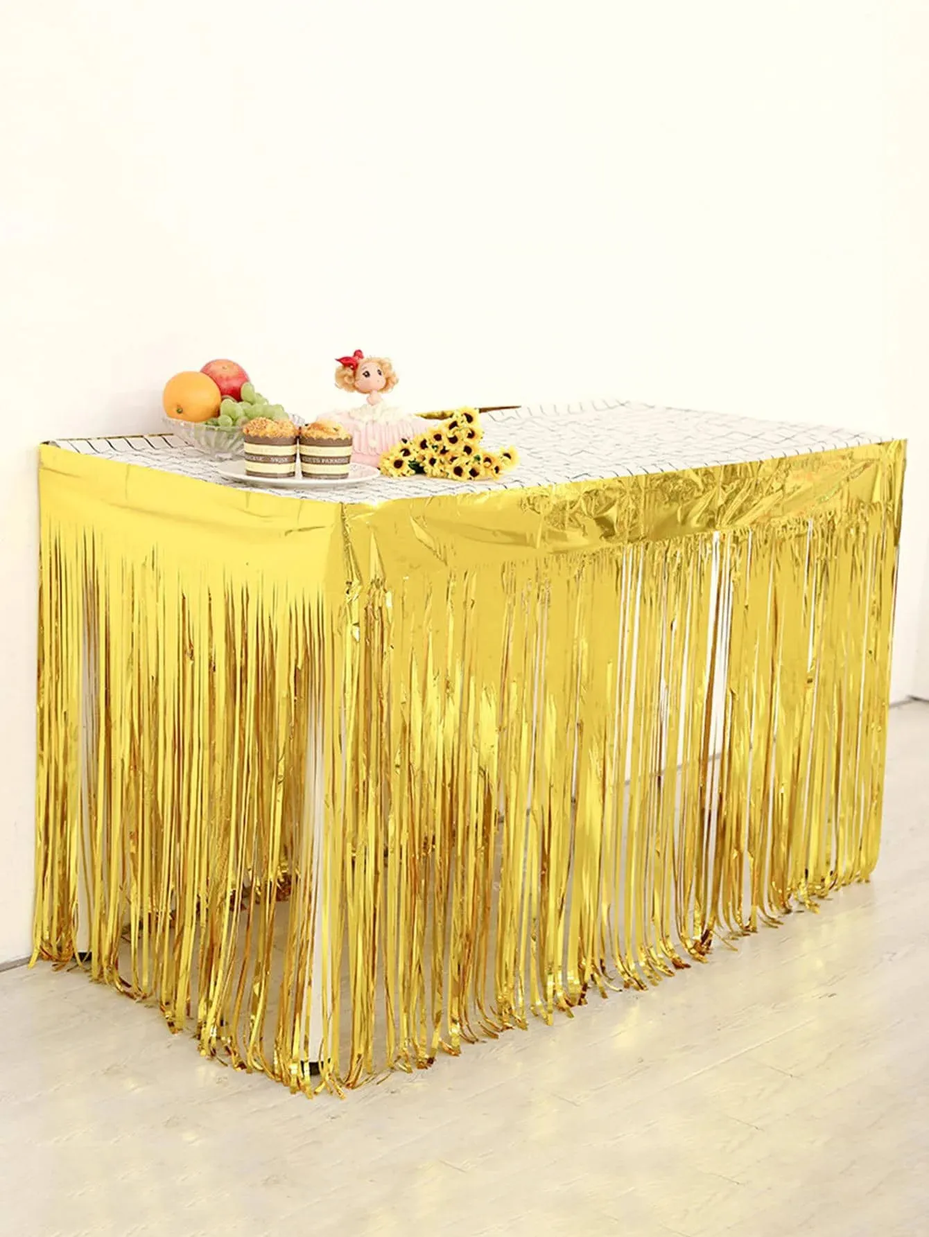 Decoração de festa 1*1m cortinas de seda chuva dourada e prateada para decoração de festa cortinas de mesa 231122