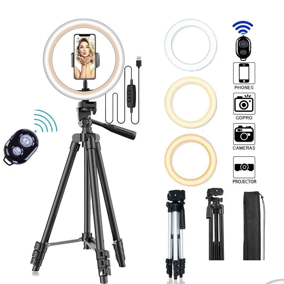 Flash Heads 26Cm P O Ringlight Led Selfie Ring Light Telefono Lampada di controllo remoto Illuminazione con supporto per treppiede Video Drop De Dhsrv