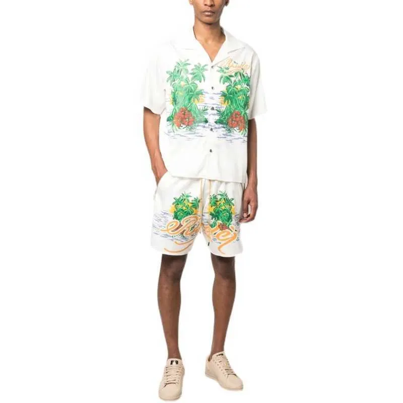 Designer Clothing 23 Summer New Rhude High Street Coconut Tree Lettre Impression Cordon Élastique Casual Shorts Hommes Femmes Couples Joggers Sportswear