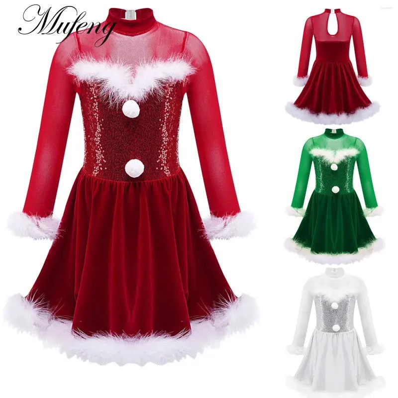 Stage Wear Kids Girls Candy Cane Mrs Santa Claus Costume Shiny Sequins Christmas Dance Figure Ice Skating Tutu Dress Leotard Dancewear