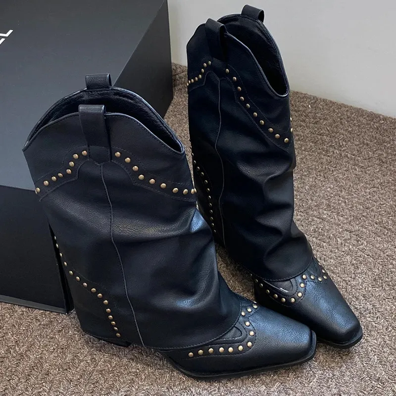 Sapatos de vestido outono mulheres chelsea botas de salto grosso moda rebite feminino apontou toe meados de bezerro botas ocidentais senhoras salto 231121