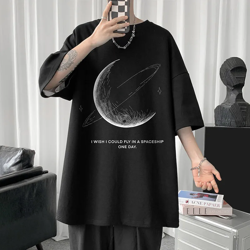 Men's TShirts HybSkr Simple Stroke Moon Graphic Men Tshirt Oversize Letter Print Short Sleeve Cotton Male Streetwear Unisex Basic Tops 230421