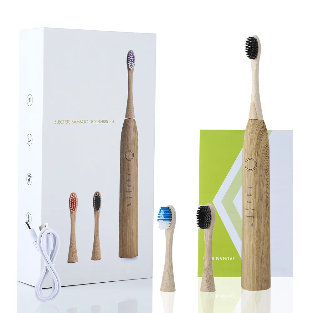 Spazzolino da denti in bambù ad ultrasuoni elettrico intelligente con spazzolini da denti ugelli teste Sonic USB sbiancamento dei denti per adulti 230421