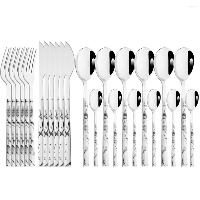 Dijksets sets DRMFIY 24 -stks Wit Silver Flatware Set mes Vork Lepel Roestvrijstalen bestek Marmeren handgreep