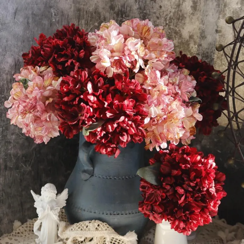 Flores decorativas 5 peças buquê de tecnologia de borda focal artificial de seda rosa para casamento casa decoração diy artesanato de hortênsias falsas