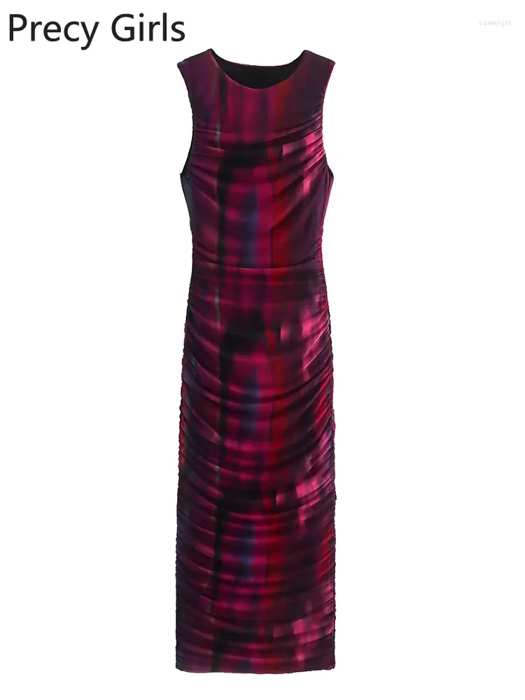 Casual Dresses 2023 Women Spring Fashion Young Style Tie Dye Print Folds Tulle Long Dress Sexig Slim Chic ärmlös Vestidos de Moda