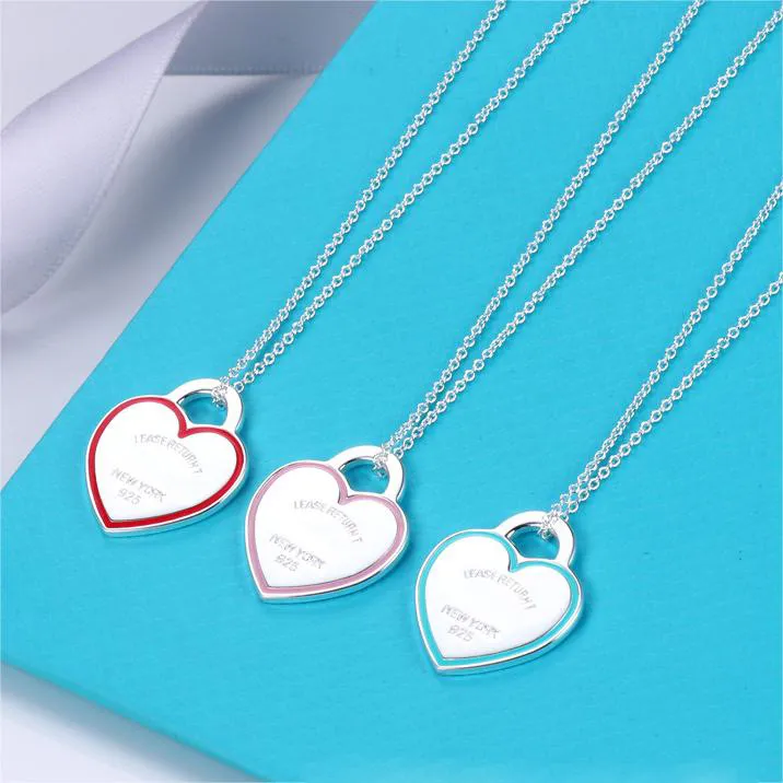 S925 Sterling Silver Plated Love Heart Designer Pendant Necklaces for Women Bling Diamond Shining Cstal Blue Pink Red Hearts Sweet Chain Choker Necklace