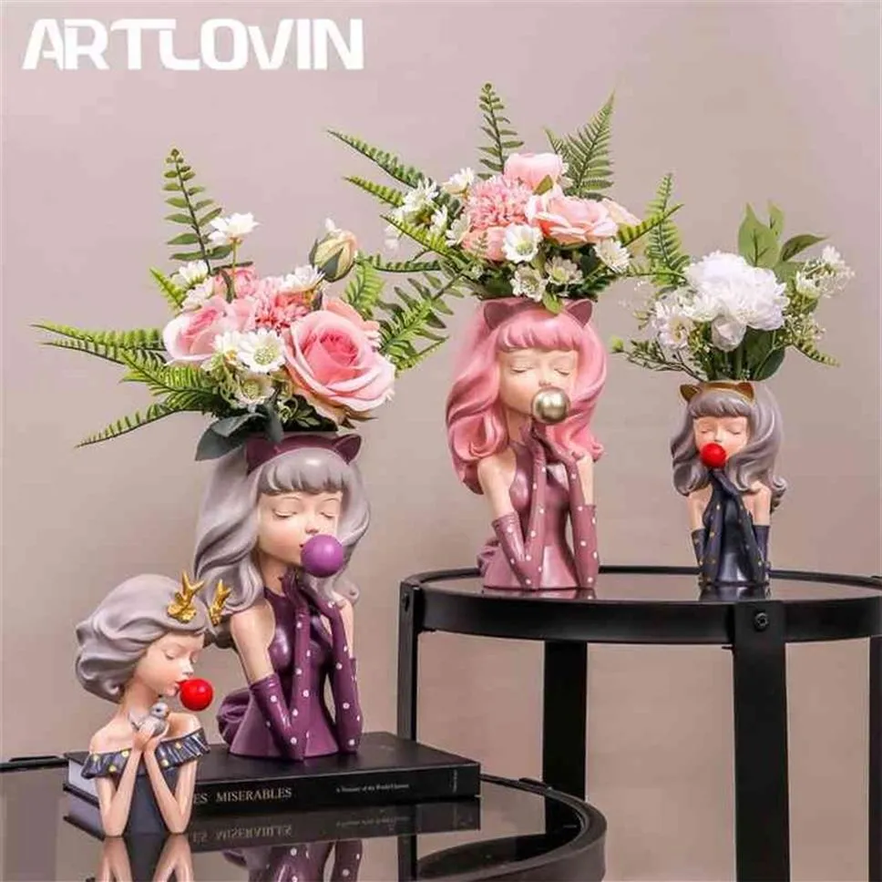 Artlovin Bubble Gum Gum Flower Flower Wazon Sztuczna roślina garnek Streszczenie kwiat Porne dekoracje domowe Desktop Ozdoba Figurina 22330