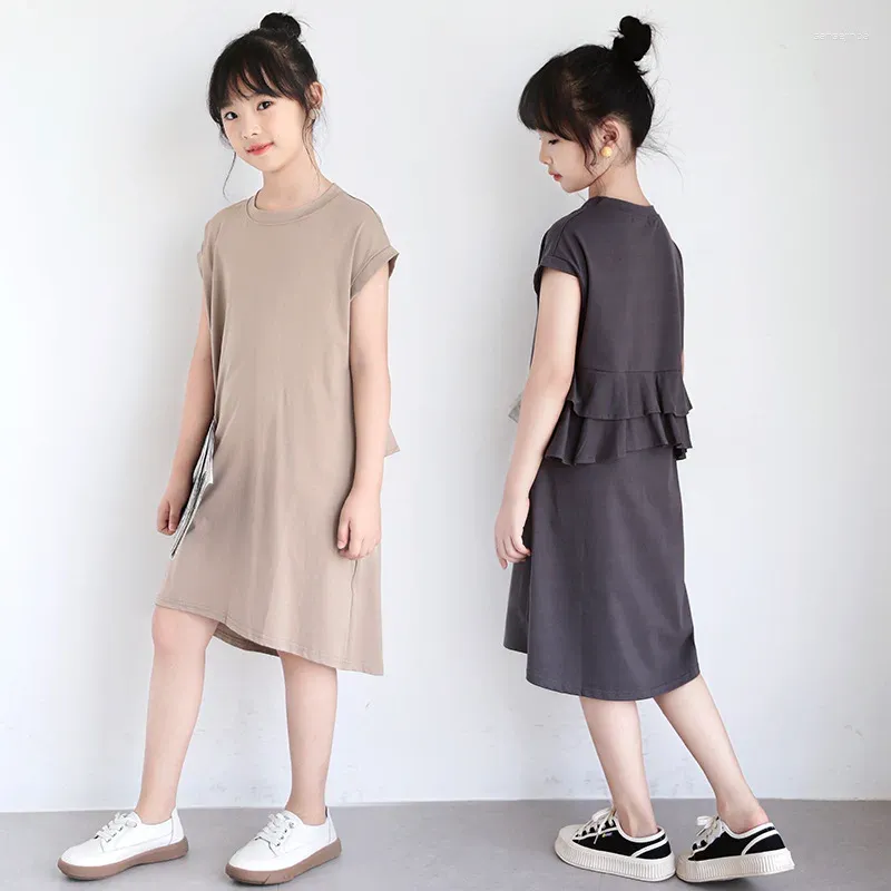 Mädchen Kleider 2023 Sommer Kinder Baumwolle Kleidung Koreanischen Stil Mädchen Zurück Rüschen Freizeit Kleid Kinder Lose Kurzarm #7289