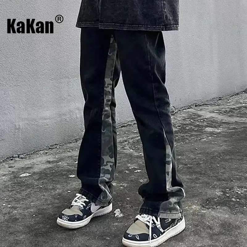 Men's Jeans Kakan - Washed Retro Camouflage Patchwork Jeans for Men Black Design Feel Straight Tube Micro Flared Long Jeans K33-M004 231122
