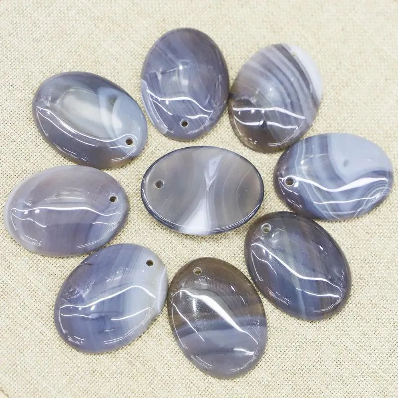 Pendant Necklaces Natural Stone CAB Cabochon Oval Grey Agate Perforated Necklace Reiki Fashion DIY Jewelry Gift Accessories Wholesale 8Pcs