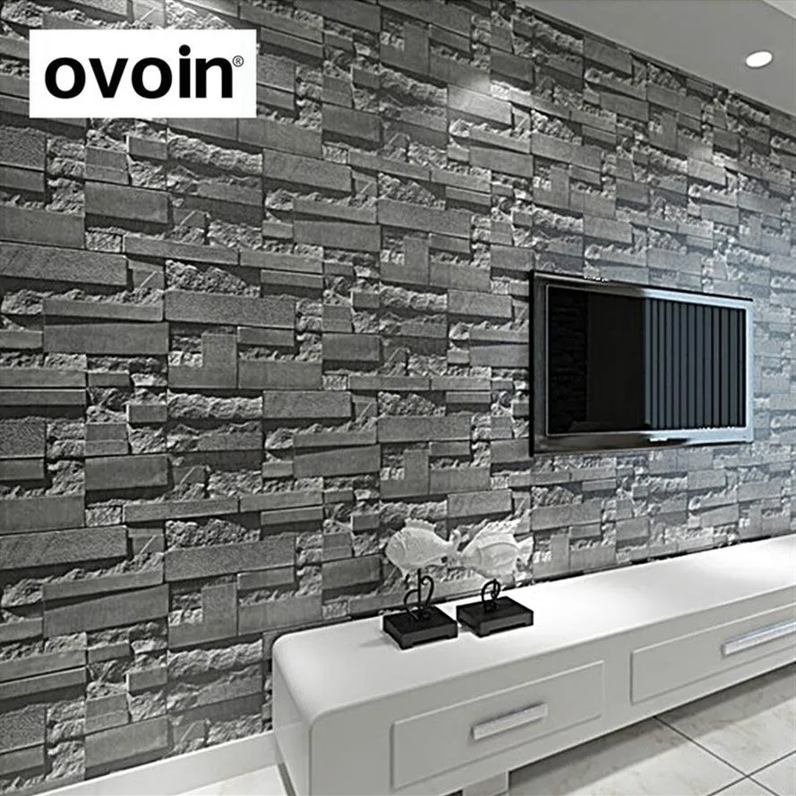Stylish 3D Stone Brick Wallpaper Roll Modern Grey Brick Design For Living Room 208g PVC Wall