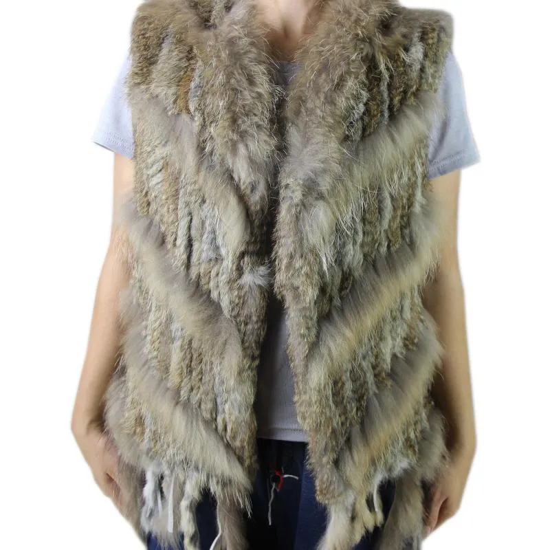 Women's Fur & Faux Lady Vest 2023 Women Knitted With Raccoon Dog Collar Natural CoatWomen's Women'sWomen's