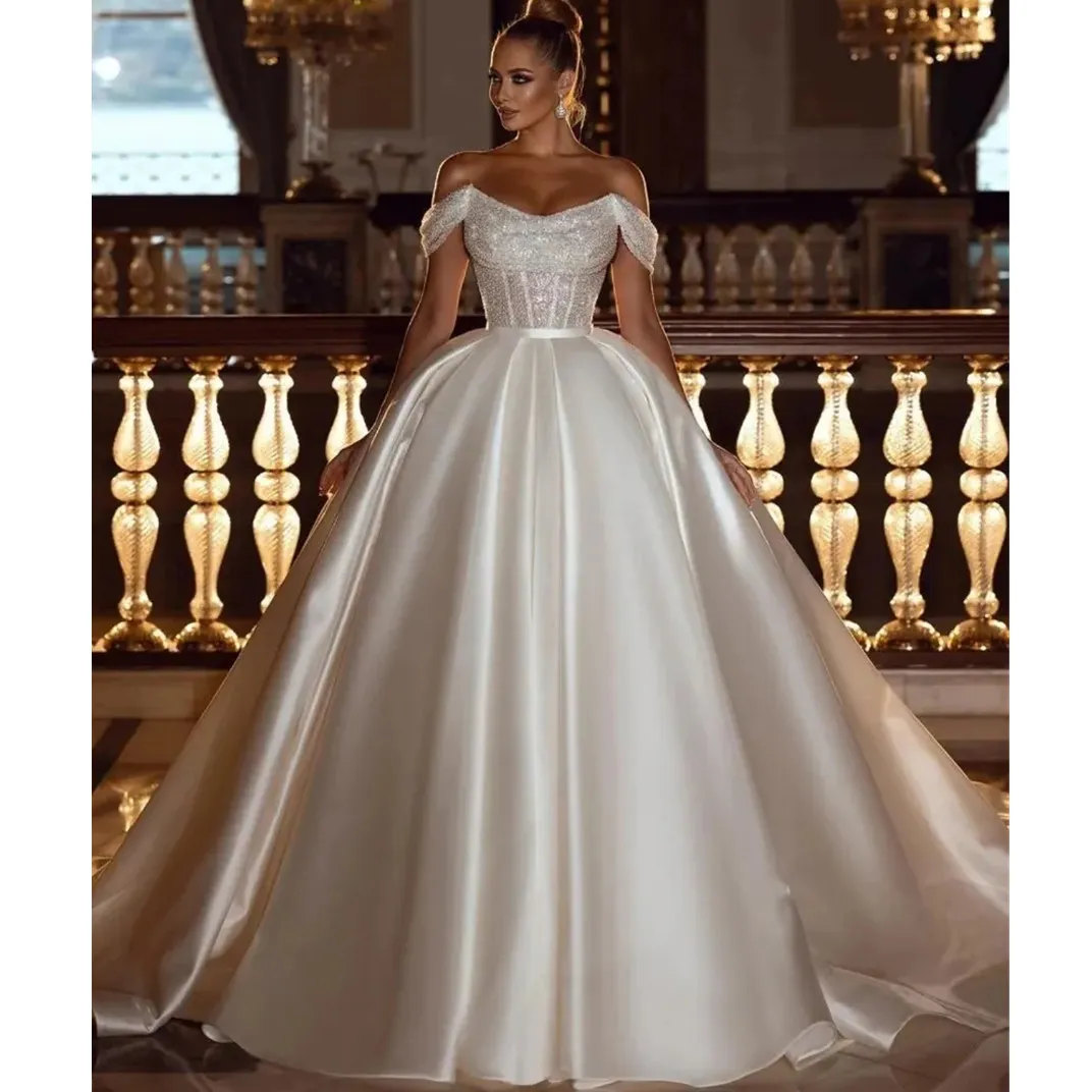 Sparkly Sequins Ball Gown Wedding Dresses With Detachable Satin Train Elegant Off-The-Shoulder Dubai Robe De Soriee Arabic Modern Bridal Gowns 328 328