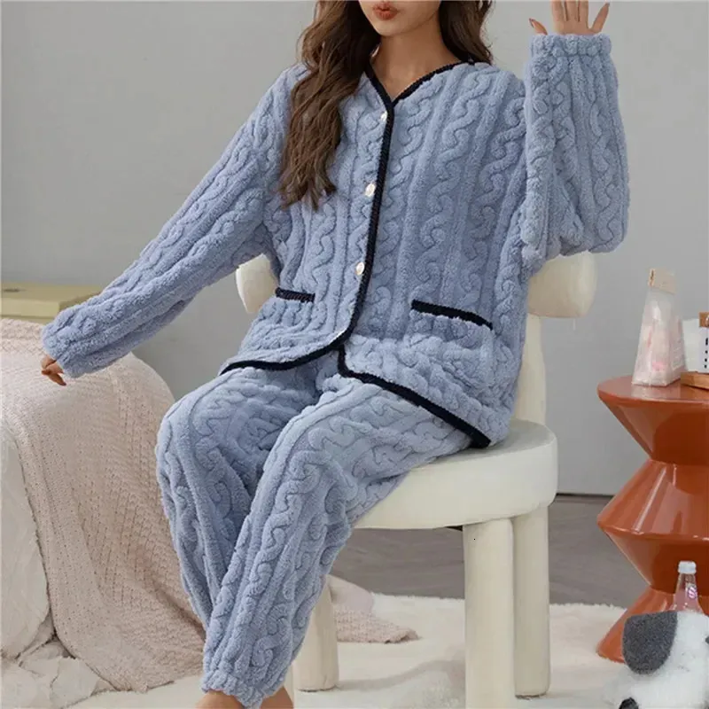 Winter Warm Flannel Women Pyjamas Sets Thick Coral Pijamas Women Fleece  Pajama Thick Flannel Long Pajamas Set For Girl