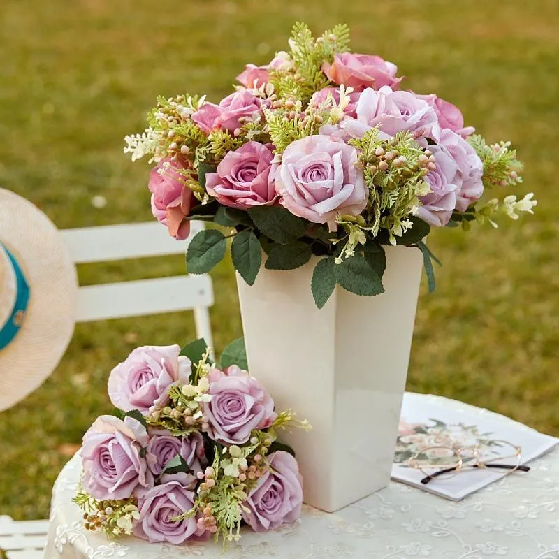 Dekoratif çiçek çelenk yapay gül ipek çiçek buket düğün büyük demet ev oturma odası bahçe partisi el dekorasyon süsleri p