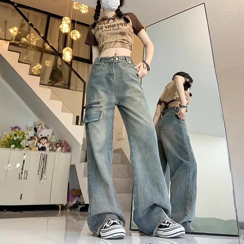 Jeans pour femmes taille haute r tro bleu pour femmes Y2k Baggy droit lav Denim pantalon mode femme d contract coton pantalon large jambe 18