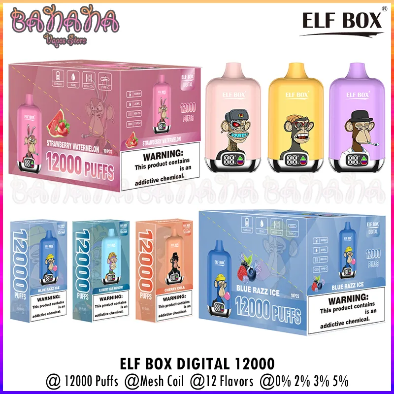 Elf Box Digital 12000 Puffs Puff 12K Descartável Vape Mesh Coil Vaporizadores Recarregáveis 25ml E-líquido pré-preenchido 0% 2% 3% 5% vs Fumot RandM Tornado