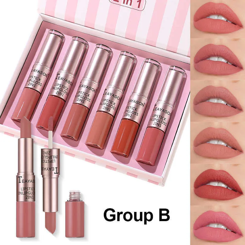 Double tête antiadhésive tasse mat brouillard visage brillant à lèvres deux pâte 6 ensembles rouge à lèvres femme Lip Glaze ensemble