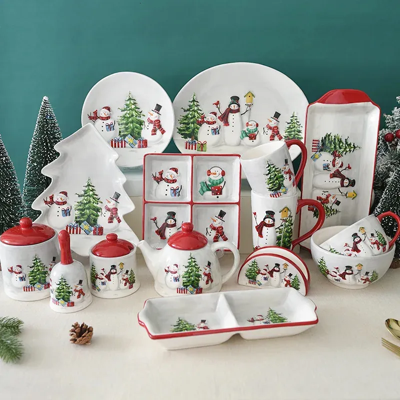 Dishes Plates Christmas Snowman Dish Bowl Pot Plate Tableware Relief Ceramic Flat Plate Cup 231121