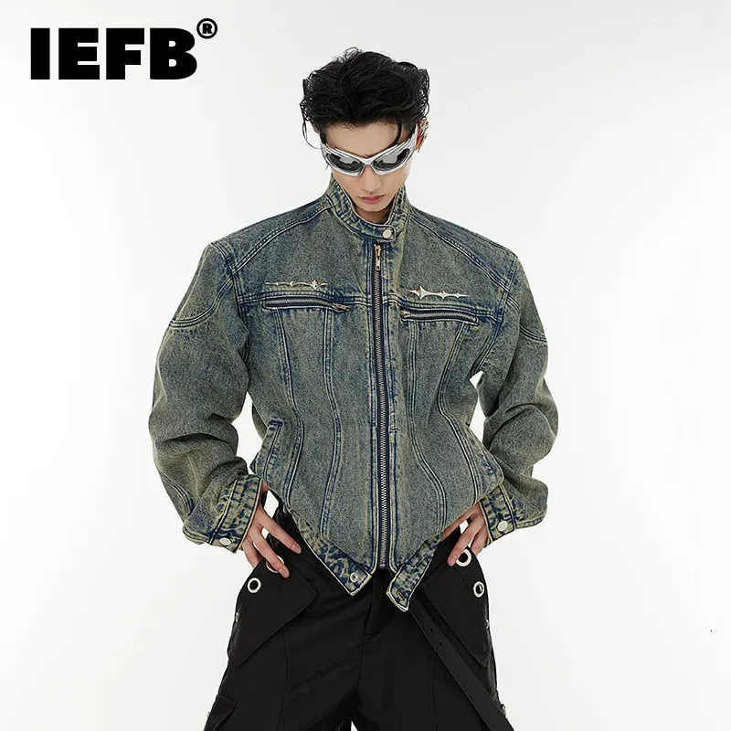 Jaquetas Masculinas IEFB Jaquetas Jeans Masculinas Moda Vintage Lavado Ombro Pad Curto Jean Casaco High Steet Collarless Personalidade Roupas 9C1303 231121