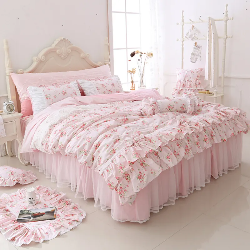 Bedding sets 100% Cotton Floral Printed Princess Set Twin King Queen Size Pink Girls Lace Ruffle Duvet Cover Bedspread Bed Skirt 230422