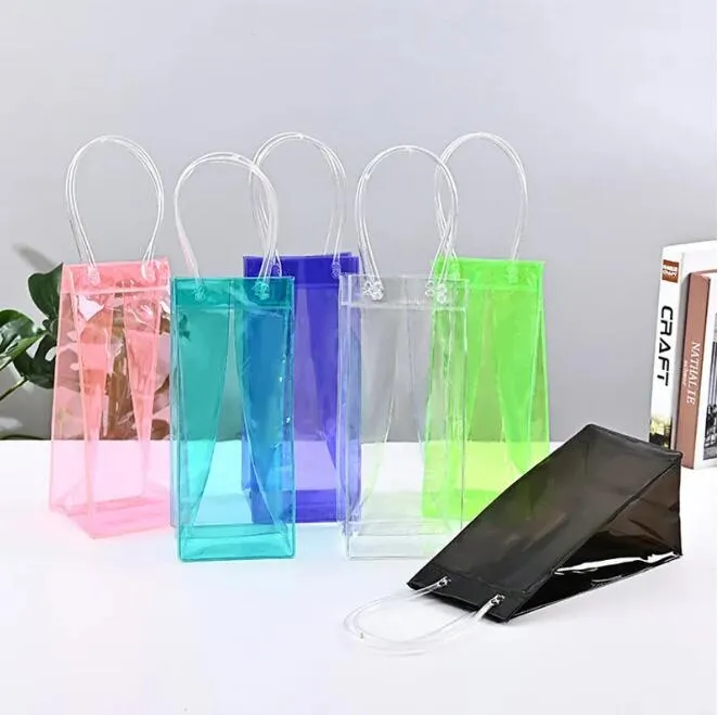 Saco de vinho de gelo com alça dobrável transparente bolsa de pvc saco refrigerador de vinho mangas para bebidas de cerveja champanhe