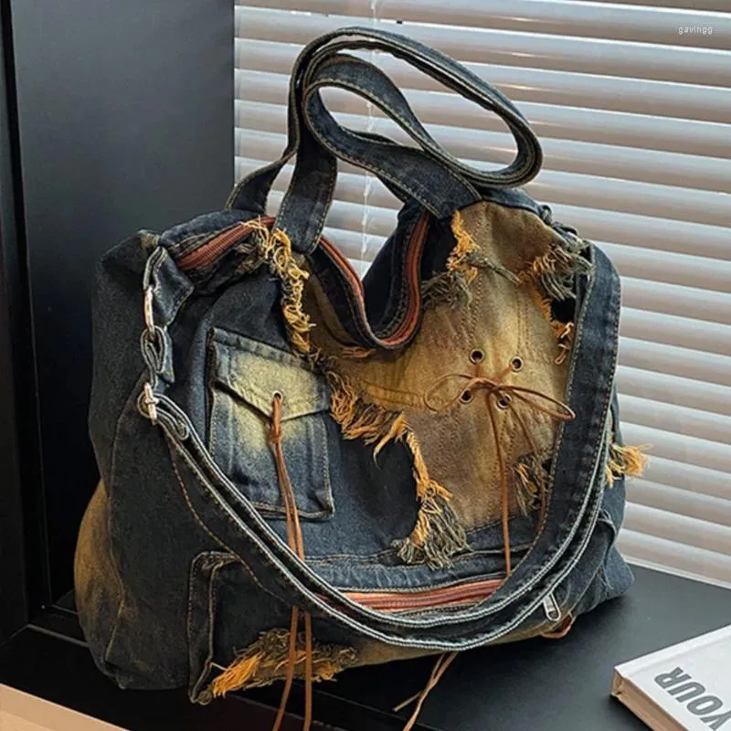 Shoulder Bags Denim Cloth For Womens Luxury Designer Handbag And Purse In Vintage Distressed Large Capacity Messenger