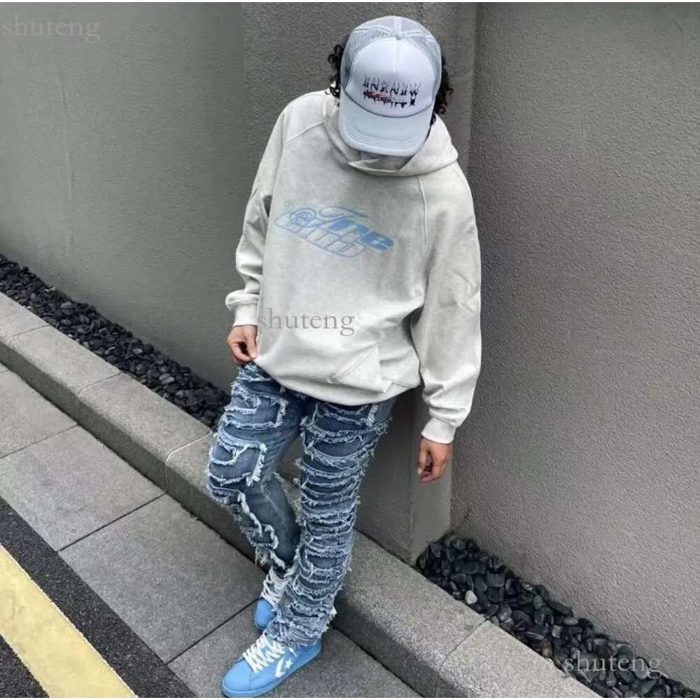 Jean homme coupe régulière Patch empilé en détresse détruit pantalon en Denim droit vêtements de rue décontracté Jean 97