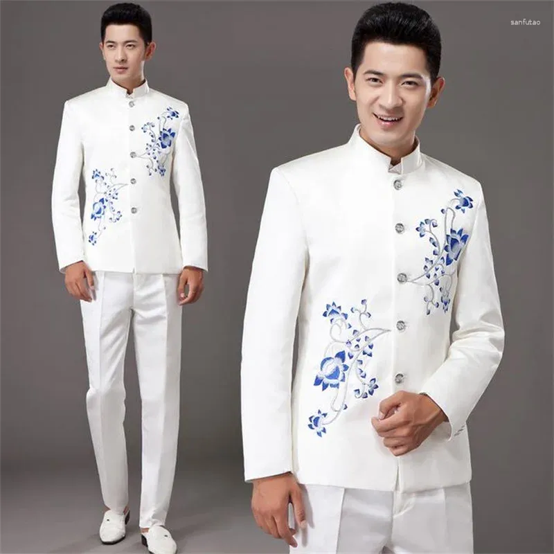 Herrdräkter vit stativ krage porslin kostym smal män kinesisk tunika kostym set med byxor mens bröllop brudgum formal klänning pan