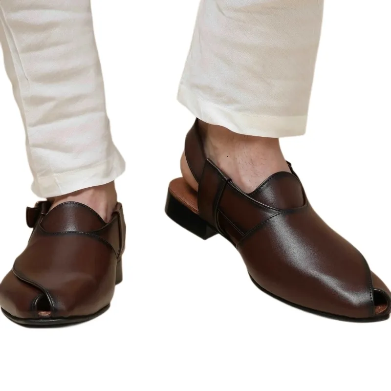Sandaler Brown Men Buckle Strap Dress Shoes Handmade Black Business Fashion Mens Storlek 3846 230421