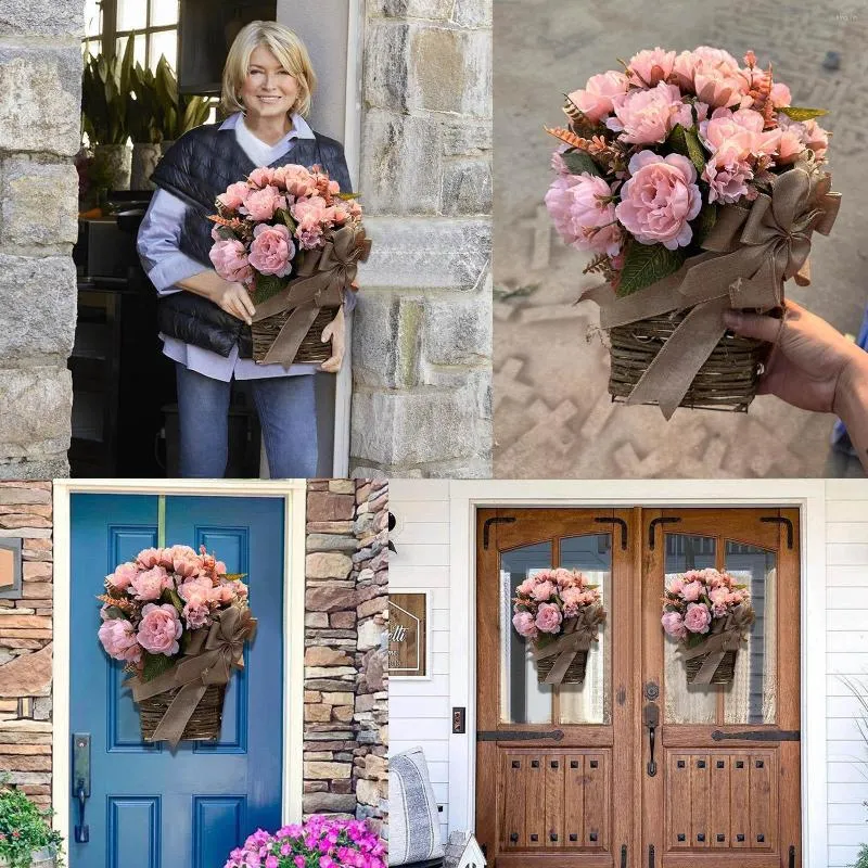 Dekorativa blommor rosa pion blommor korg mammas dag krans lila lavendel konstgjord dörr hängande hem dekoration våren och