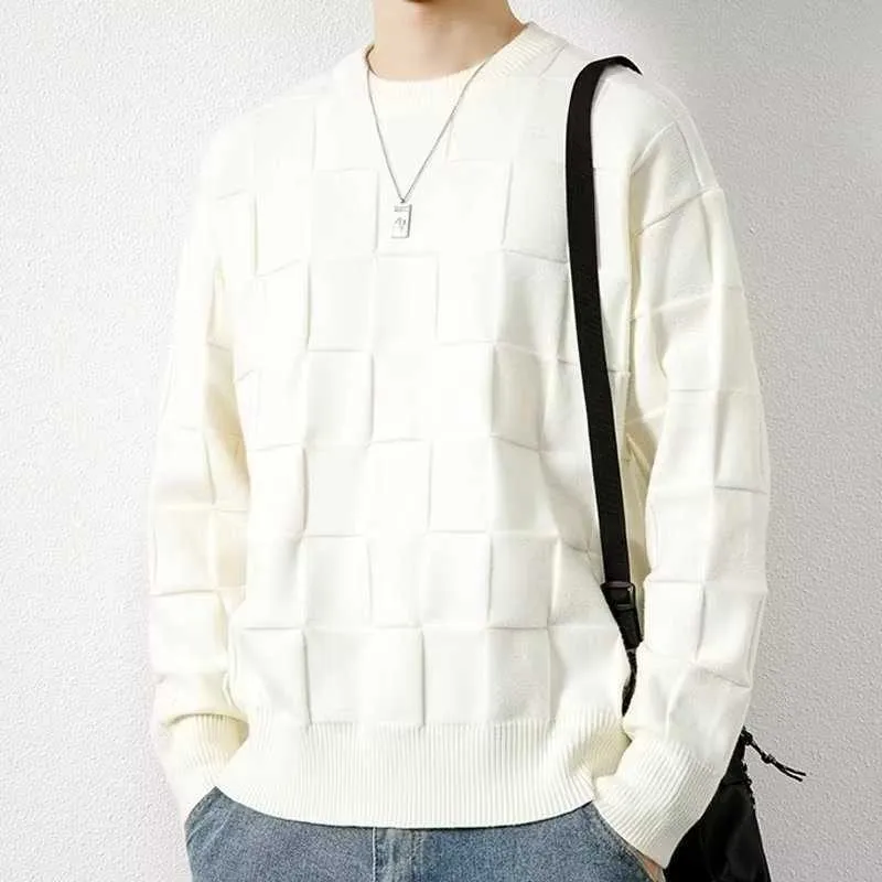 Checkered Knitted Sweater Men's Autumn and Winter Slouchy Relaxed Sweater Fashion Brand Round Neck Pullover Coat