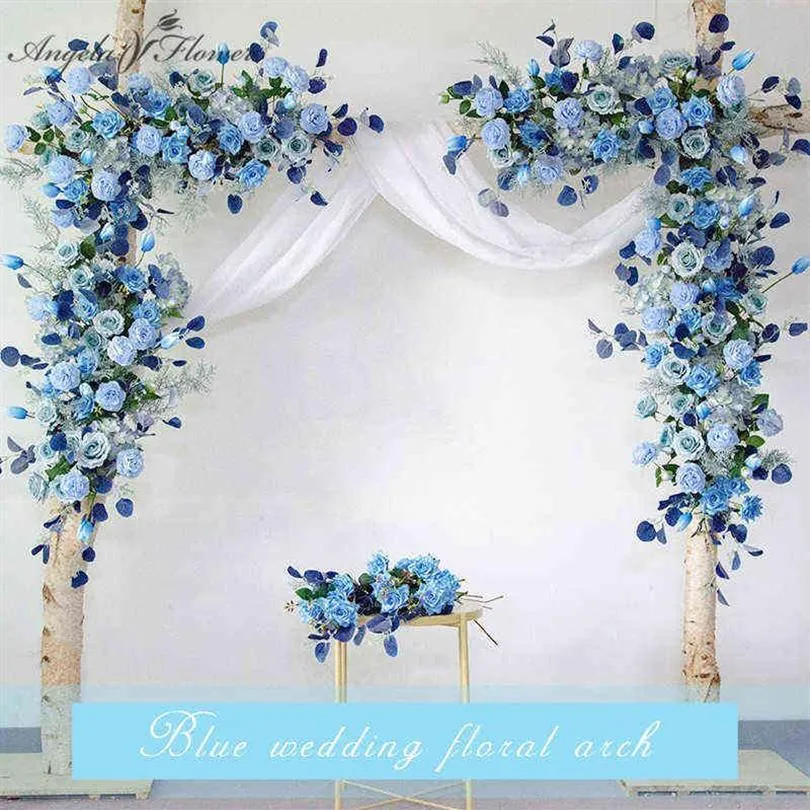 Geschenke für Frauen Custom Wedding Requisiten Erzbackfeier Party Event Dekor Künstliche Blumenreihe Silk Blau Weiß im Freien Rasen Fake Flow2256